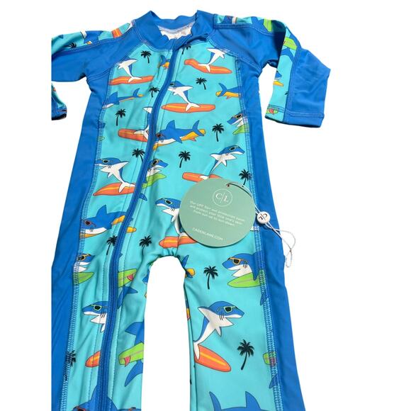 Caden Lane Long Sleeve Rash Guard Full Length in Blue “Surfin Sharks” 0-3mos NWT - Picture 4 of 8